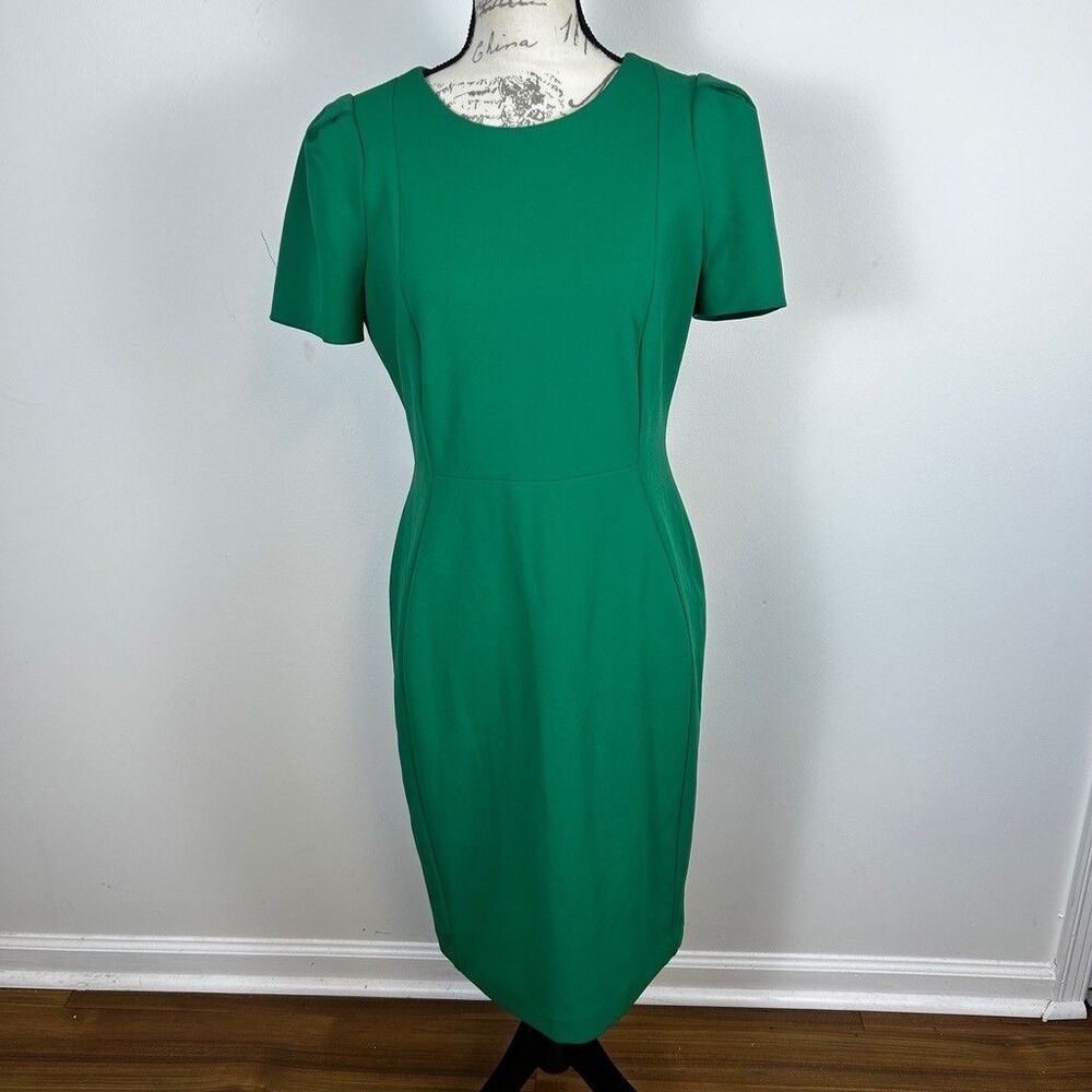 Calvin Klein Green Sheath Dress Womens Size 10 Short Sleeve Gold Zip Back Midi